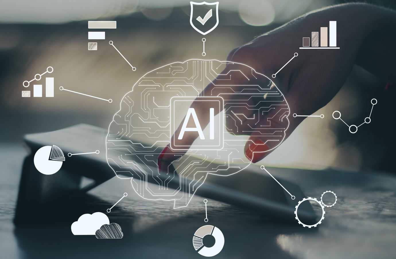 An Image Of An Ai Graphic Over Top Of A Hand Touching A Computer